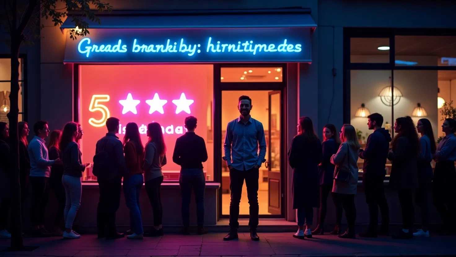 Une boutique avec beaucoup de clients devant.